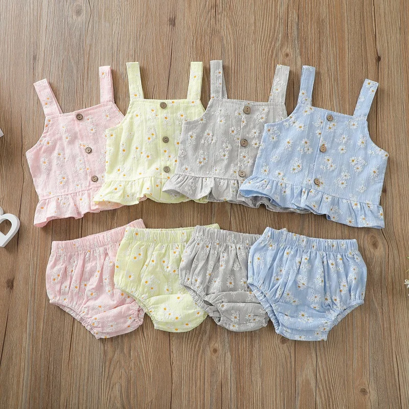 0-24M Cute Newborn Baby Girl Daisy Flower Clothing Set Sleeveless Tank Tops Bloomers Shorts 2PCS Summer Clothes