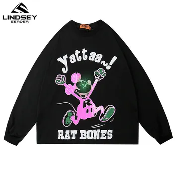 

LINDSEY SEADER Harajuku Color Block Print Micky Long Sleeve Tees Shirts Streetwear Hip Hop Casual Loose Tshirts 2020 Fashion Top