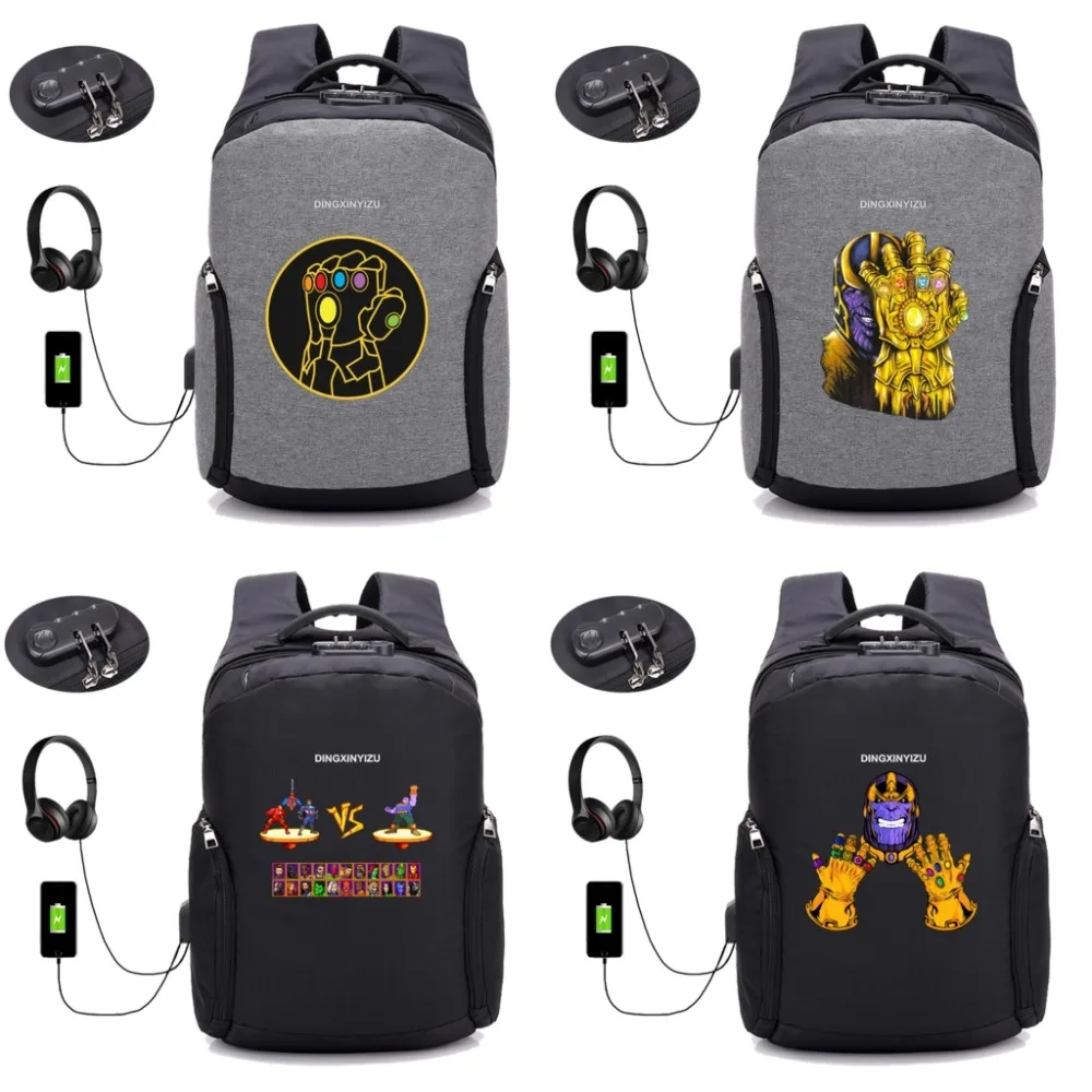 Marvel Comics Infinity War Thanos Anti-theft USB Charging Backpack Teenager Travel Men student bookBag 26 style | Багаж и сумки