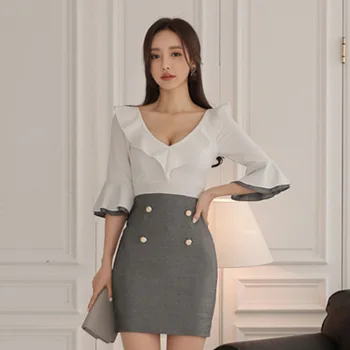 

Sexy Club Wear Ladies Package HIp Wrap Dress Fall Clothes for Women Autumn Dress 2019 Deep V-neck Patchwork Mini Dress Plus Size