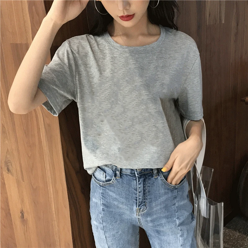 Solid color Летняя серая женская футболка в японском стиле с круглым вырезом и коротким рукавом в стиле Харадзюку - Цвет: Solid color