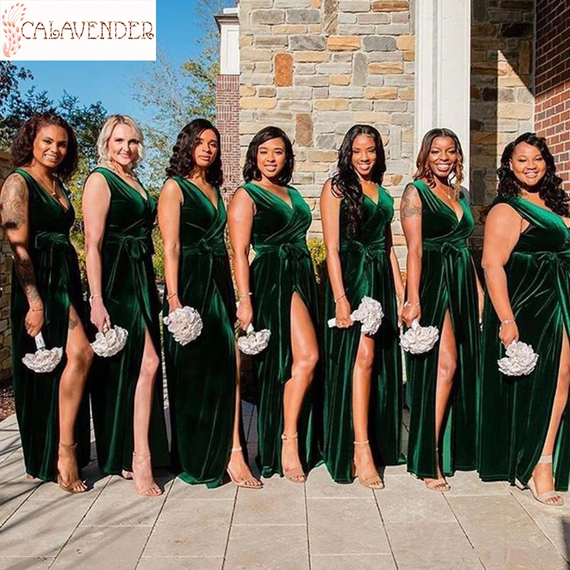 Vestidos de terciopelo verde esmeralda para dama de honor, línea A, cuello  en V, abertura lateral, talla grande, para invitados de boda|Vestidos para  dama de honor| - AliExpress