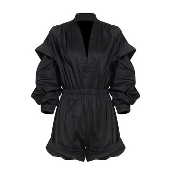 

ZCSMLL Casual Loose Women Playsuits V Neck Lantern Long Sleeve High Waist Short Jumpsuits Female Fashion Clothing Spring