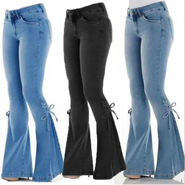 Женские джинсы в европейском и американском стиле, джинсовые брюки-клеш со средней талией и боковой шнуровкой, эластичные джинсы, женские брюки, джинсы для женщин 1