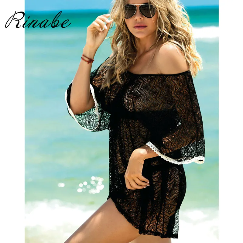 

Rinabe Bandeau Bikini Cover Up Lace Up Dress Women 2020 Solid Beachwear Hollow Out Cover-Ups Solid Pareos Knitting Dresses Sexy