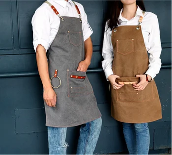 

Labour work Canvas Apron Pockets Home Barber Coffee Restaurant Bib Leather Chef Kitchen Apron For Women Men Safety Clothing