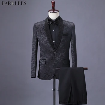 

Mens Elegant Floral Jacquard Black Suits Luxury 2 Pcs Shawl Collar One Button Tuxedo Suit Men Stylish Formal Dinner Outfit Terno