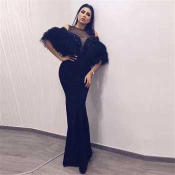 

Black Muslim Evening Dresses Mermaid Feather Beaded Islamic Dubai Saudi Arabia Long Formal Evening Gown Prom
