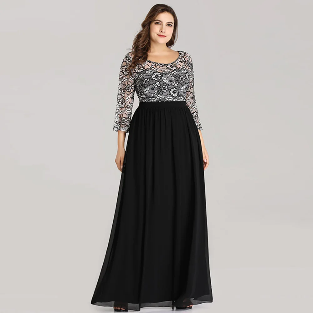 

black v neck evening dress 3/4 sleeves a line lace floor length plus size backless wedding party formal gowns evening dresses