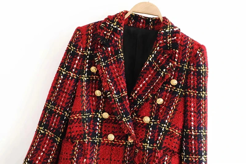 Зимний винтажный Красный твидовый Блейзер, женское клетчатое пальто, винтажный плотный офисный костюм, куртка, спринт, женские блейзеры и куртки
