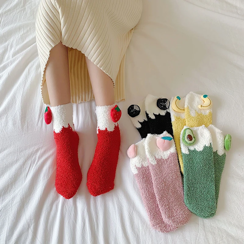 

Harajuku Style Flannel Sleep Socks Lovely Sweet Fruit Strawberries Warm Thicken Floor Socks Autumn Winter Keep Warm Fashion