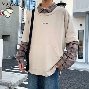 

Hoodies Men Fake 2 Pieces Plaid Patchwork Harajuku Korean Style Daily 3XL Plus Size All-match Streetwear Student Mens Clothing