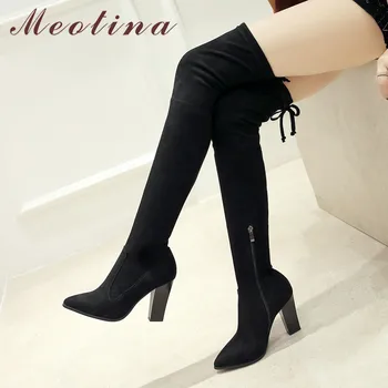 

Meotina Winter Thigh High Boots Women Zipper Chunky High Heel Over The Knee Boots Sexy Slim Stretch Shoes Ladies Fall Size 33-43