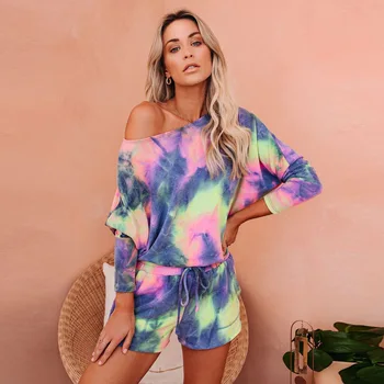 

2020 Woman Pijama Set Summer Female Aurora Bright Tie Dye Long-sleeved Tshirt Shorts 2pcs Women's Home Clothes Pillamas Mujer