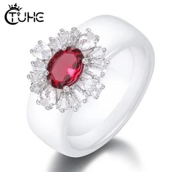 

New Fashion Ceramic Rings With Red Bling Zircon Crystal For Women Elegant Lady 8mm Wide Black White Smooth Ring Wedding Jewelry