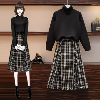 

New Autumn Winter two piece set Women Simple Fashion sweater + midi Plaid skirt Streetwear Plus Size 2 piece set women
