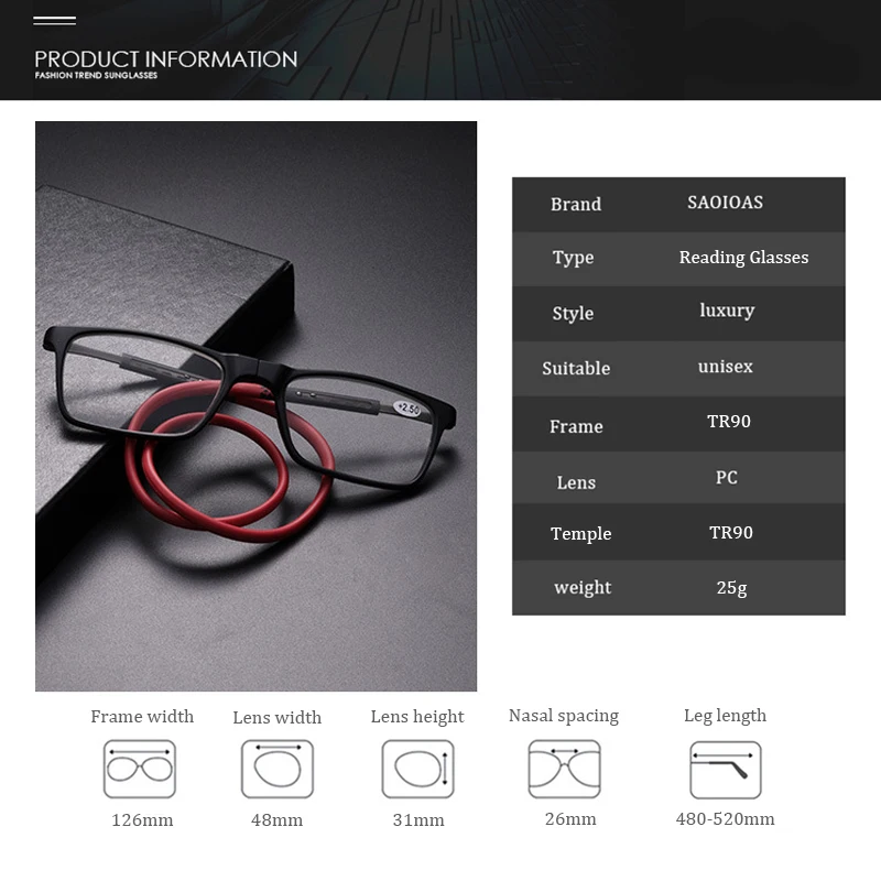 SAOIOAS Унисекс Складные очки для чтения Для мужчин Для женщин Регулируемый висит шеи складные очки спереди подключение с магнитом очки 2,0
