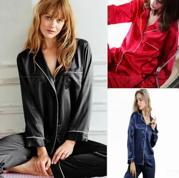 

Hot Womens Long Pajamas Sets Solid 2Pcs Button Closure Silk-like Fashion Ladies Satin Sleepwear with Pants Sleepwear Suit S-XL