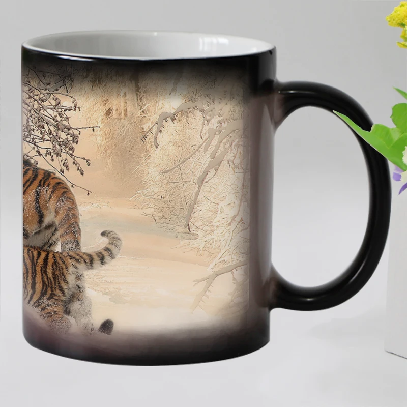 Funny novelty Animal Tiger Ceramic Color Changing Coffee Mug heat Sensitive Magic Tea Cup Mugs super gift