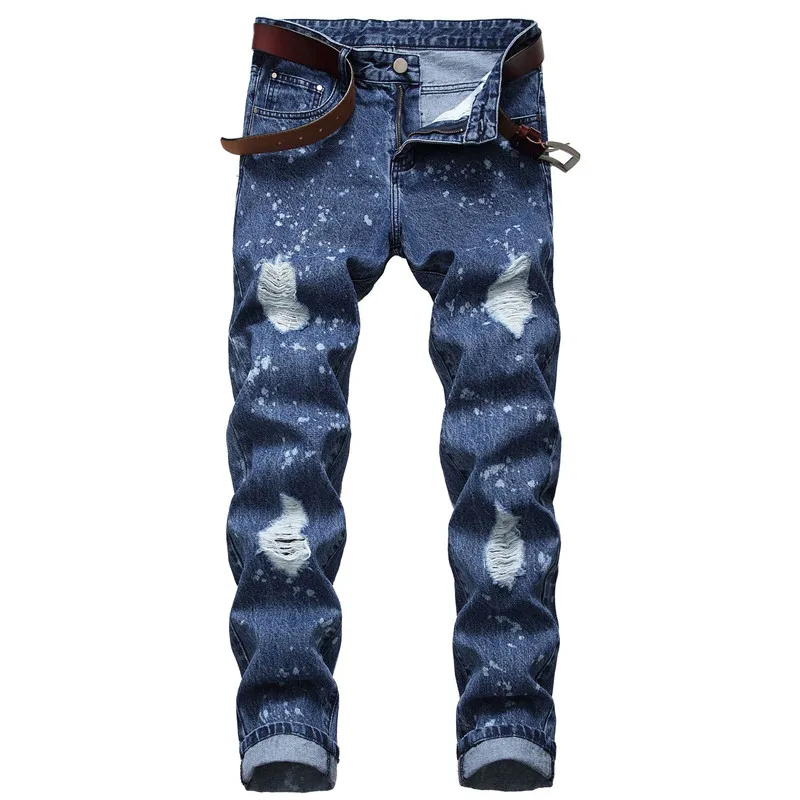 Color: Dark Blue Light Blue Medium Blue Jeans Men New Men's Straight Hole Jeans Men's Slim Denim Trousers