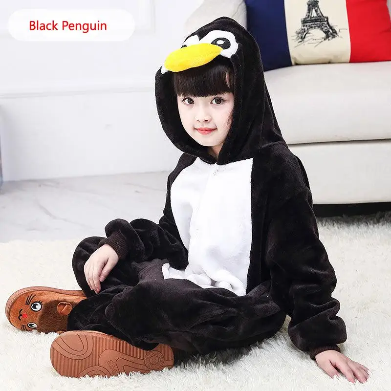 Kigurumi/Детские пижамы с единорогом; детские зимние комбинезоны; одежда для сна; пижамный комплект для мальчиков и девочек; Симпатичная Пижама Тоторо-животных - Цвет: Black Penguin