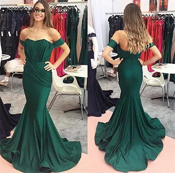 

Modest Mermaid Evening Dresses Off The Shoulder Pleats Zipper Back Fitted Formal Prom Party Gowns Vestido De Festa