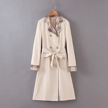 

women patchwork coat 2019 fashion ladies plaid turn down collar sash bow buttons pockets female highstreet elegant long coats