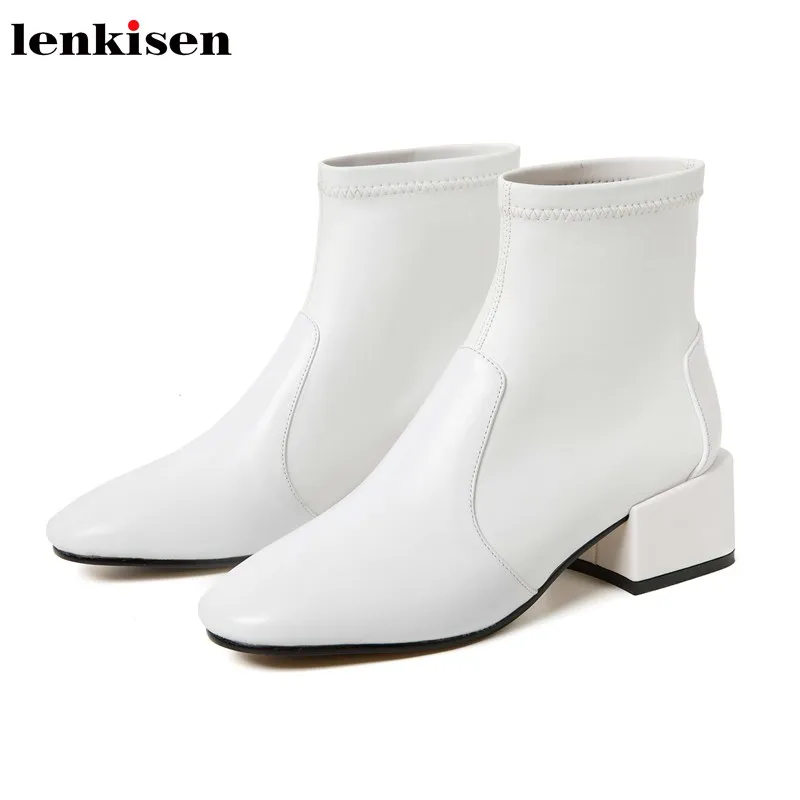 

Lenkisen big size basic cow leather stretch boots round toe high heels concise style solid winter fashion women ankle boots L95