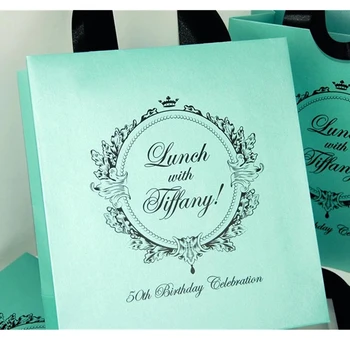 

Personalized Breakfast at Tiffany favor bags. Elegant 50th Birthday Bags for guests with satin ribbon & custom name. gift bags