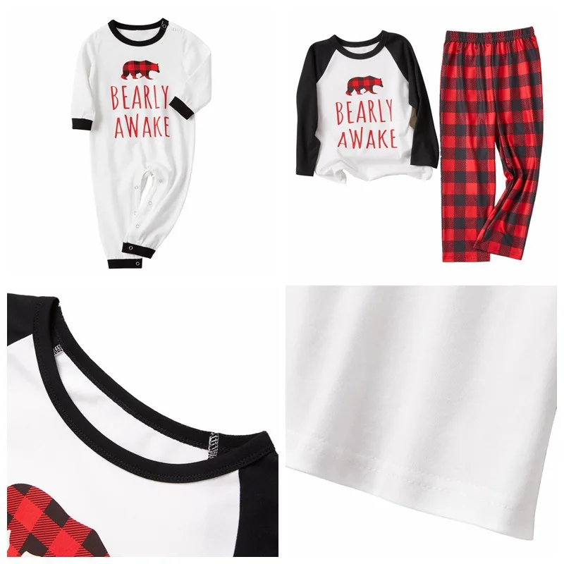 Christmas Family Matching Cotton Pajamas Festival Outfits Parent-children Bear Printed Homewear For Baby/Kid/Dad/Mom Plaid White