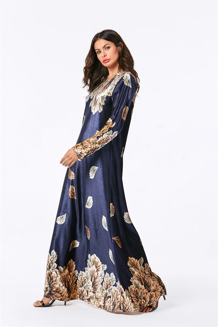 Siskakia бархатное платье женские Платья-макси с длинным рукавом элегантного размера плюс с принтом листьев осенняя одежда мусульманская Арабская одежда синий