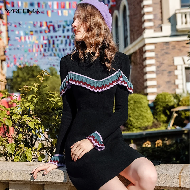 Best Price wreeima 2019 Woman sweet Autumn Winter sweater Dress black Women patchwork Dress Sweater Flare Sleeve mini A-Line Knit Dress Best Price wreeima 2019 Woman sweet Autumn Winter sweater Dress black Women patchwork Dress Sweater Flare Sleeve mini A-Line Knit Dress