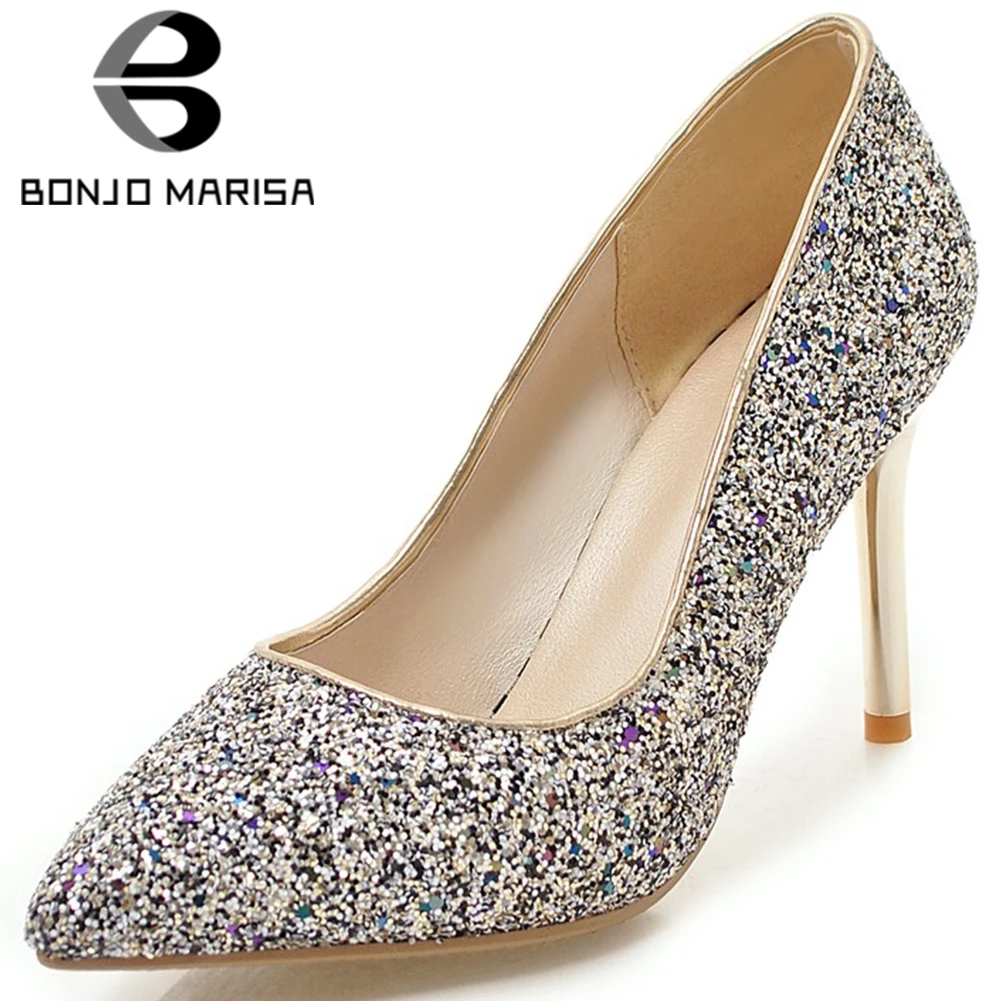

BONJOMARISA Spring New Lady Sexy Pointed Toe Pumps Party Shining Glitters Evening Pumps Women High Thin Heels Bridal Shoes Woman