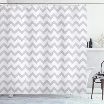 

Grey and White Shower Curtain, Chevron Pattern Zigzag Geometrical Arrow Lines Stripes Abstract Print, Cloth Fabric Bathroom