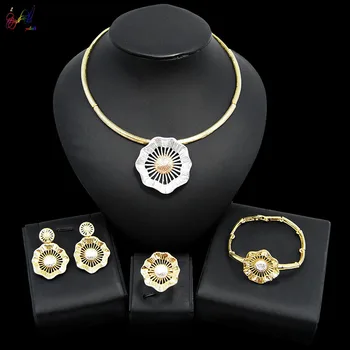 

Yulaili 2020 New Flower Shape Necklace Earrings Bracelet Ring Bridal Wedding Jewelry Sets For Women Dubai Gold Fashion Jewellery