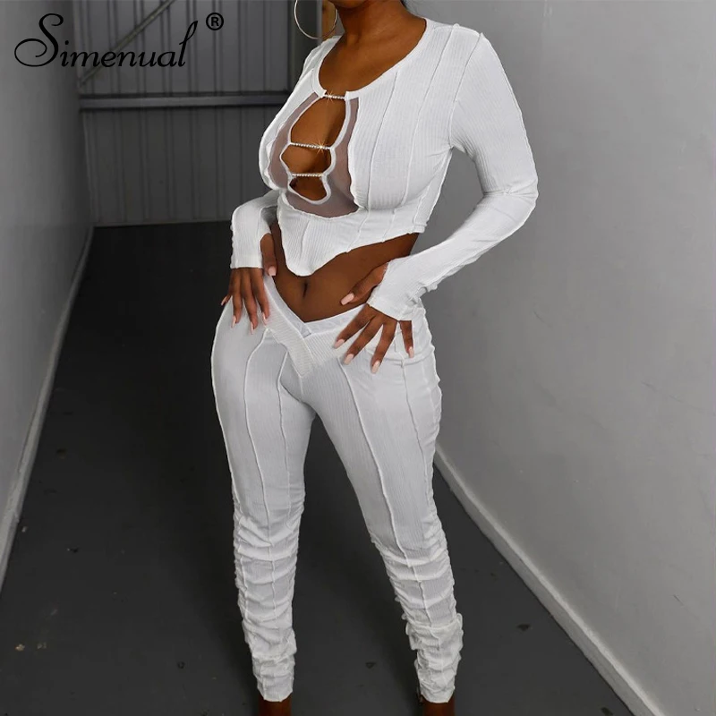 

Simenual Deep V Neck Mesh Patchwork Matching Sets Ribbed Winter 2020 Women Long Sleeve Crop Top And Pants Two Piece Outfits Club