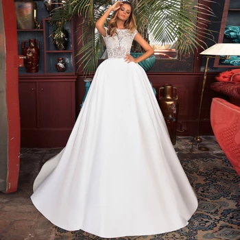 

2020 New Arrival Satin Wedding Gown Scoop Cap Sleeves Appliqued Ball Gown Bride Dress Court Train Wedding Gown Customized