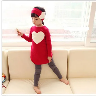 

2020 Cute 3pcs 1pc Hair Band+1pc Shirts+1pc Pants Children's Clothing Set Girls Long Sleeve Clothes Suits Red Pink Heart Cotton