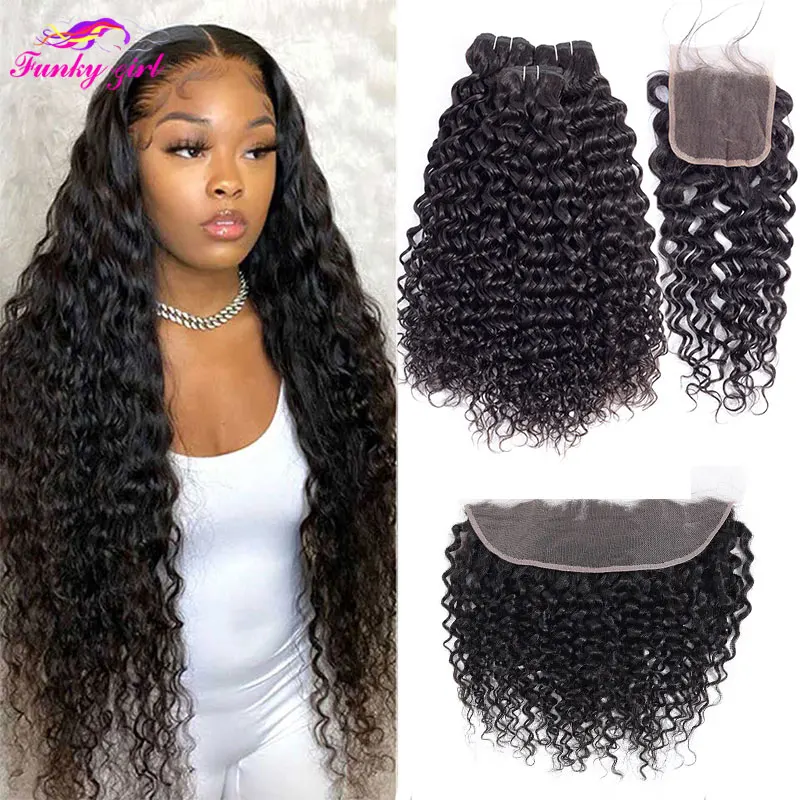 Extensiones con ondas al agua peruanas, con cierre, 8-30 pulgadas, extensión de cabello humano Remy con Frontal
