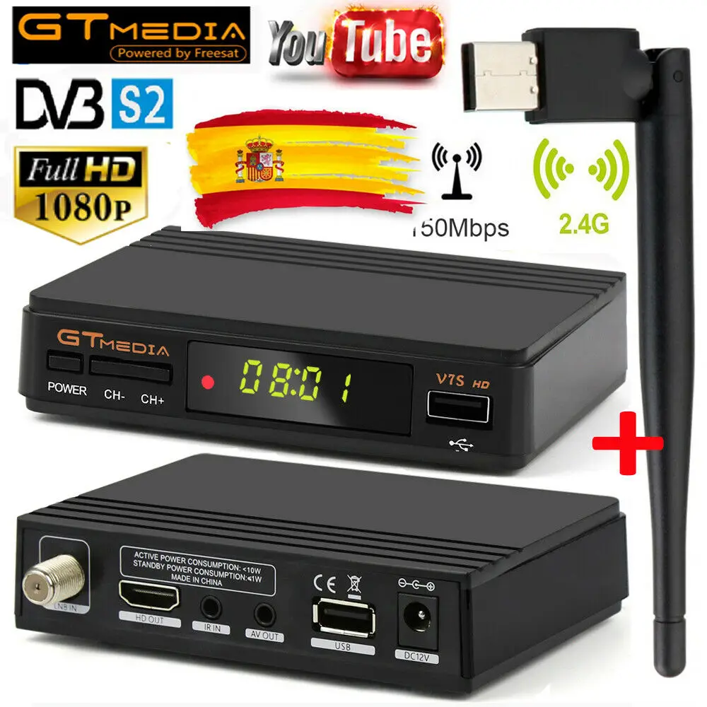 GTMedia V7S FULL HD 1080P DVB-S2 спутниковый ТВ приемник+ Wifi антенна FTA цифровой HD ресивер для cсcam espana cline на 1 год europ
