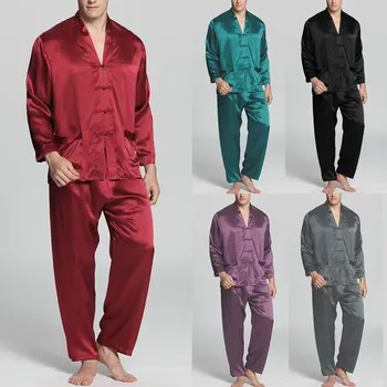 

INCERUN Men Fashion Pajamas Sets Long Sleeve V Neck Faux Silk Satin Solid Color Nightwear Loose Buttons Sleepwear Men Sleep Sets
