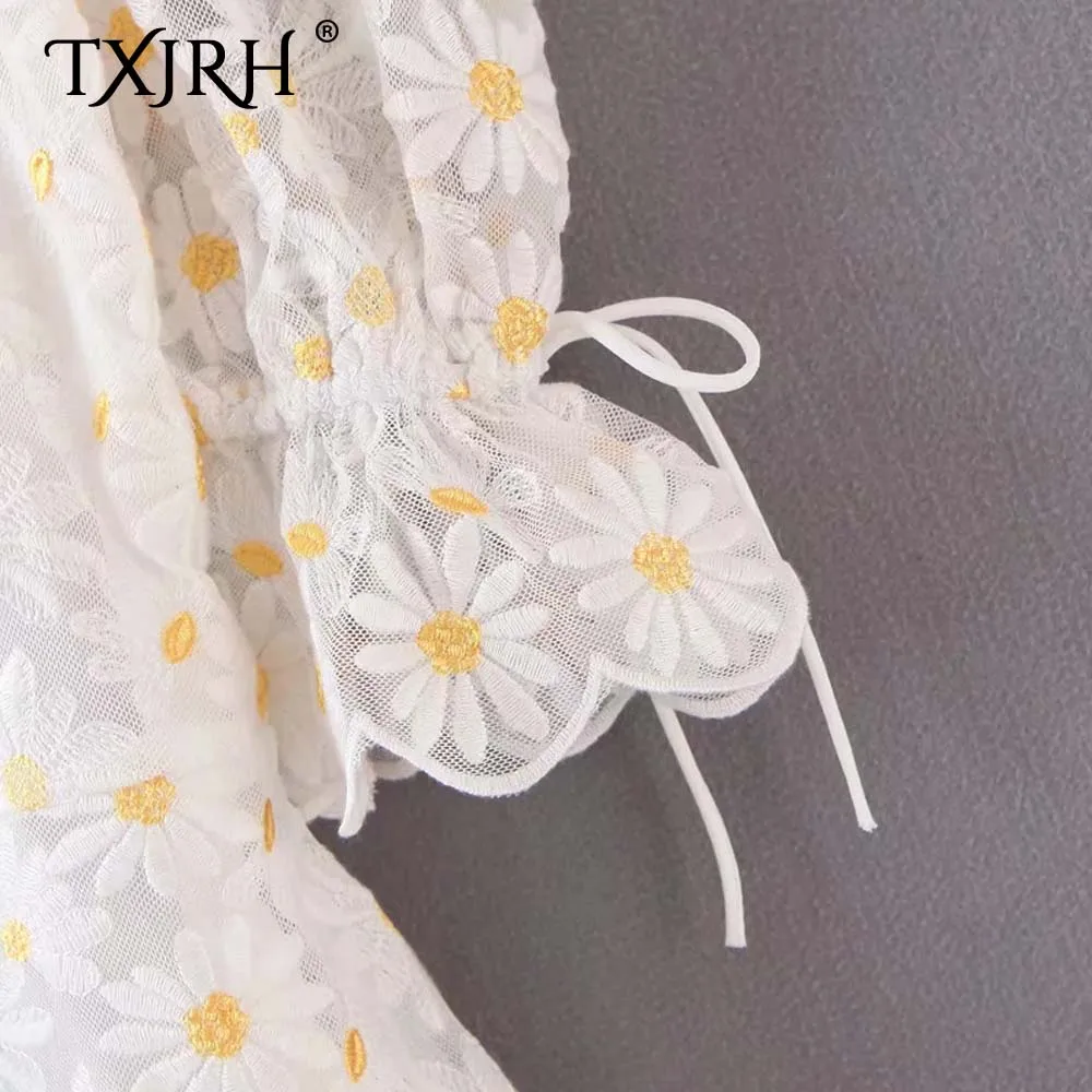 TXJRH богемные маргаритки цветочный узор, вышивка сетки шифон короткий Пышный рукав манжеты завязывается бант квадратный воротник А-силуэт платье праздник