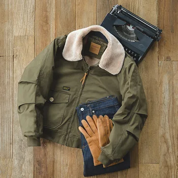 

Maden Men’s Fur Collar Bomber Jacket Fleece Lined Flight Aviator Pilot Coat Olive Green Army Jackets For Men Winter Warm Coats