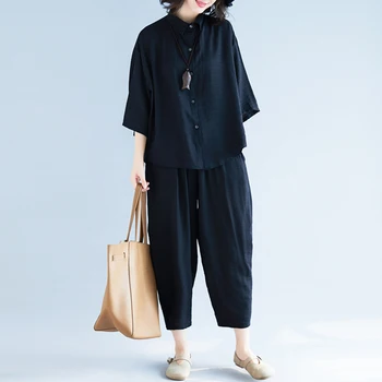 

plus size casual two pieces women pants cotton linen blouse and wide leg pants balck street wear pant suits