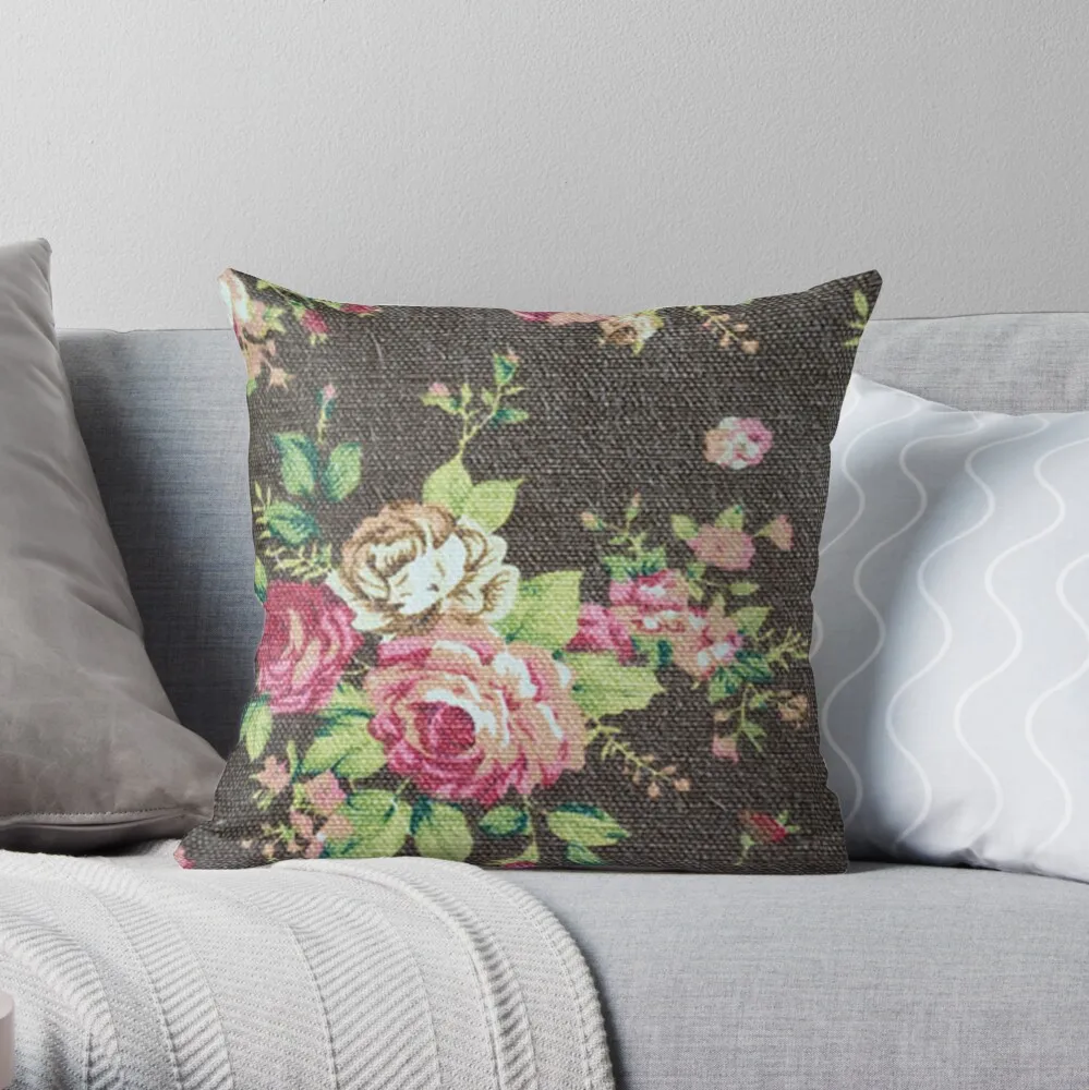 

black burlap fabric with floral pattern,rustic,worn,old,vintage,shabby chic Throw Pillow Pillow Case Polyester Home Decora
