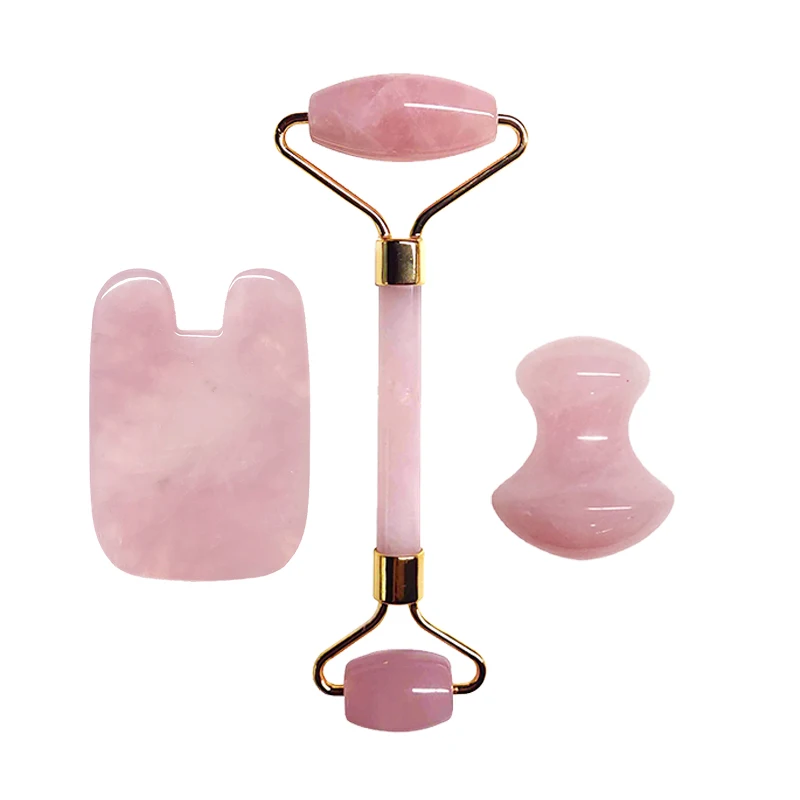 Розовый КВАРЦЕВЫЙ нефритовый роликовый набор, розовый кристалл, массажер для лица, инструмент для массажа лица, гуаша, доска Gua Sha, скребок, натуральный нефрит, ролик для лица - Цвет: 3pc set 3