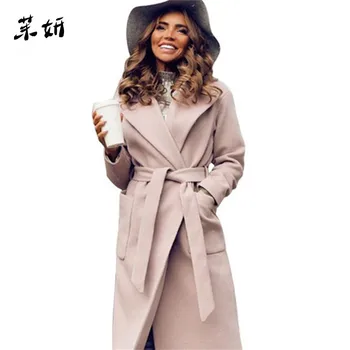 

elegant Long Women's coat lapel 2 pockets belted Jackets solid color coats Female Outerwear