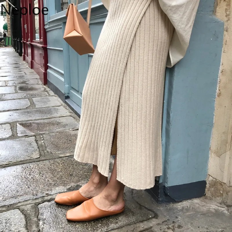 

Neploe Autumn Winter Split Cashmere Skirt Women Straight High Waist Elegant Slim Jupe Longue Femme Hiver Knit Solid Faldas 46513