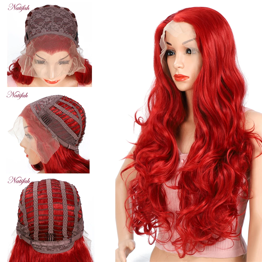 Natifah синтетический парик на кружеве Черный Красный Длинный натуральный волнистый кружевной парик Термостойкое волокно для черных женщин косплей парик