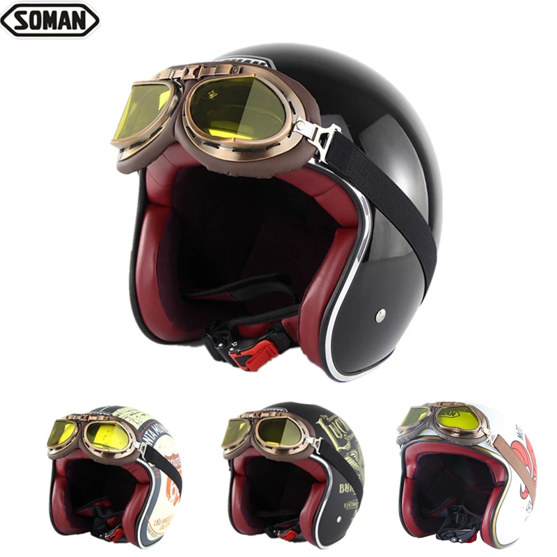 Men Retro Black Scooter Helmet Summer Open Face Half Face Kask Vintage Half Motorcycle Helmets Goggles Moto Chopper Capacetes